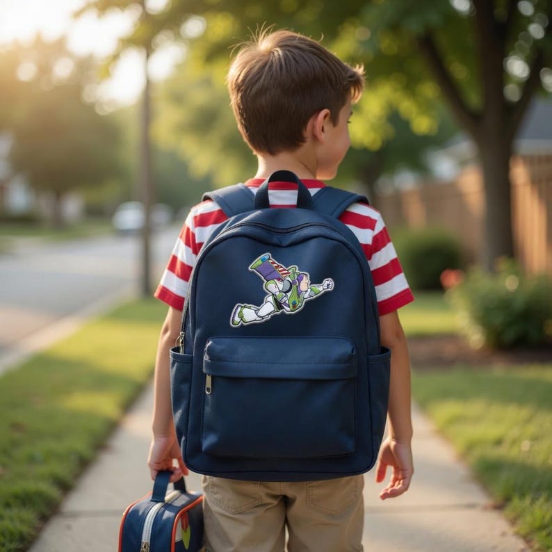 May include: A navy blue backpack with a Buzz Lightyear graphic, carried by a child. The backpack has a front pocket and side pockets. The child is wearing a red and white striped shirt and khaki pants, carrying a matching lunch bag.