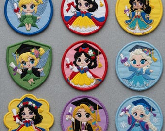 Embroidered Disney Princess Graduation Patches, Disney Girl Graduate Iron On, Gift for Girls, DIY Jacket Backpack, Sew on Hook & Loop