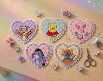 Embroidered Pooh and Friends Heart Patches, Cute Pastel Scalloped Iron On, Gift for Girls, DIY Jacket Backpack - Sew on Hook & Loop
