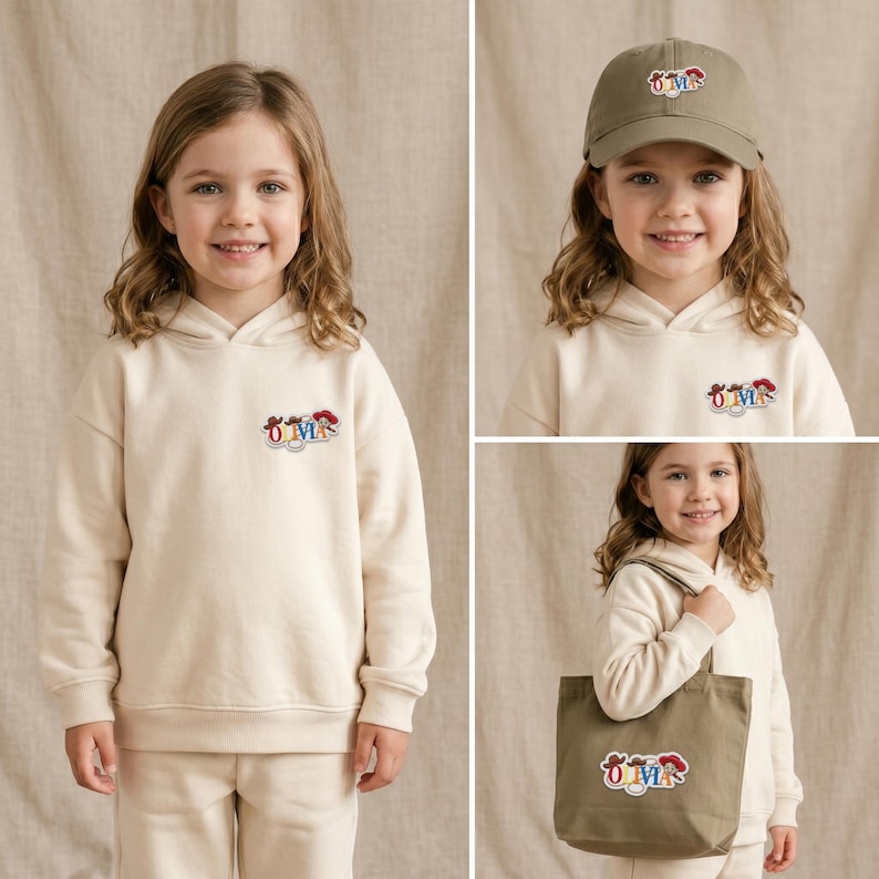 May include: A cream-colored hooded sweatshirt, a khaki baseball cap, and a khaki tote bag. Each item features an embroidered patch with the name Olivia in colorful letters, accented by small cowboy hat and lasso graphics in a western style.