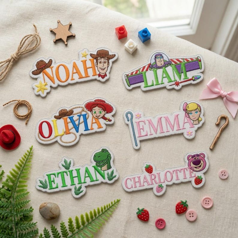 May include: Six embroidered name patches featuring Toy Story characters. The patches display the names Noah, Liam, Olivia, Emma, Ethan, and Charlotte, each accompanied by themed icons like Woody, Buzz Lightyear, Jessie, Bo Peep, Rex, and Lotso.