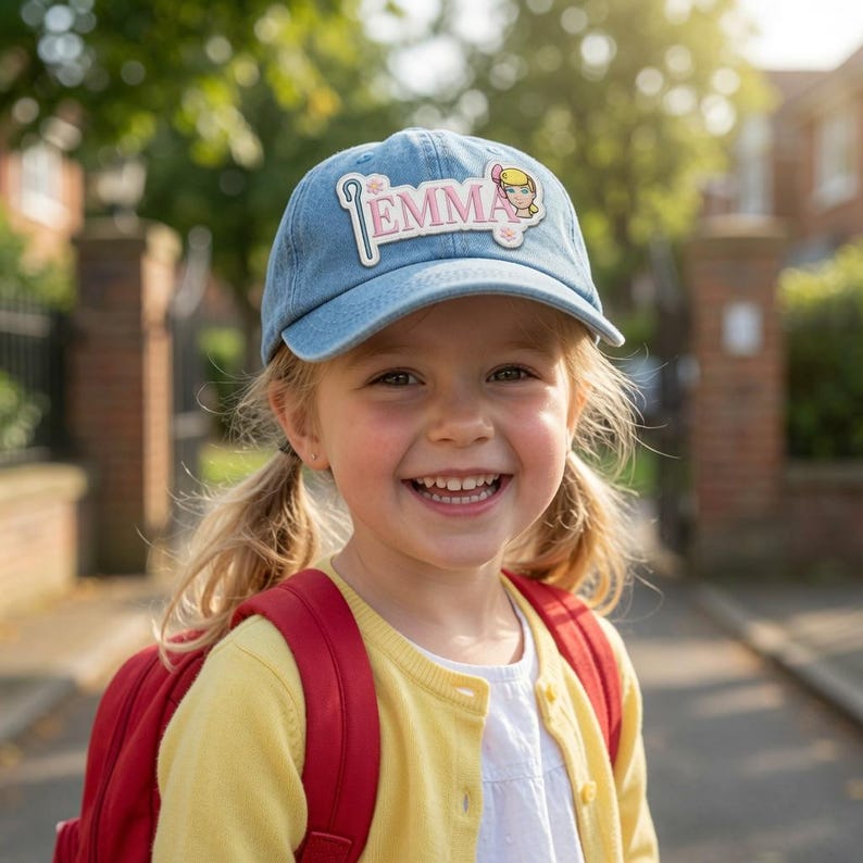 May include: A light blue denim baseball cap featuring a white and pink patch on the front. The patch displays the name EMMA in pink capital letters, accompanied by a white shepherd's crook icon on the left and a small cartoon character on the right.