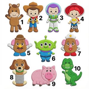 May include: A collection of ten embroidered patches featuring cartoon characters including a brown horse, a cowboy, a space ranger, a cowgirl, two potato-shaped figures, a green three-eyed alien, a dachshund, a pink pig, and a green dinosaur.