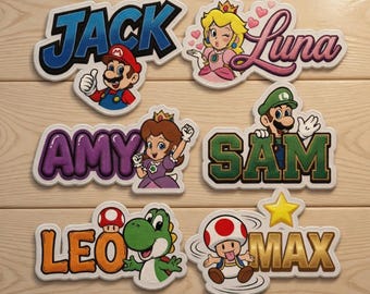 Custom Name Disney Super Mario Patches, Personalized Nintendo Character Iron On, Gift for Kids, DIY Jacket Backpack Hat - Sew on Hook & Loop