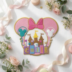 Personalized Mouse Ear Embroidered Patches, Custom Name Magic Castle Iron On Patch, Girls Theme Park Trip Gift, DIY Bag Sew On Hook & Loop
