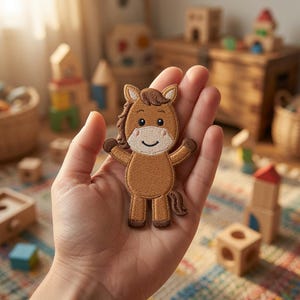 May include: An embroidered iron-on patch shaped like a cartoon horse. The horse is light brown with a darker brown mane and tail, a white muzzle, and black embroidered eyes and mouth. The patch features a stitched border and a flat design.