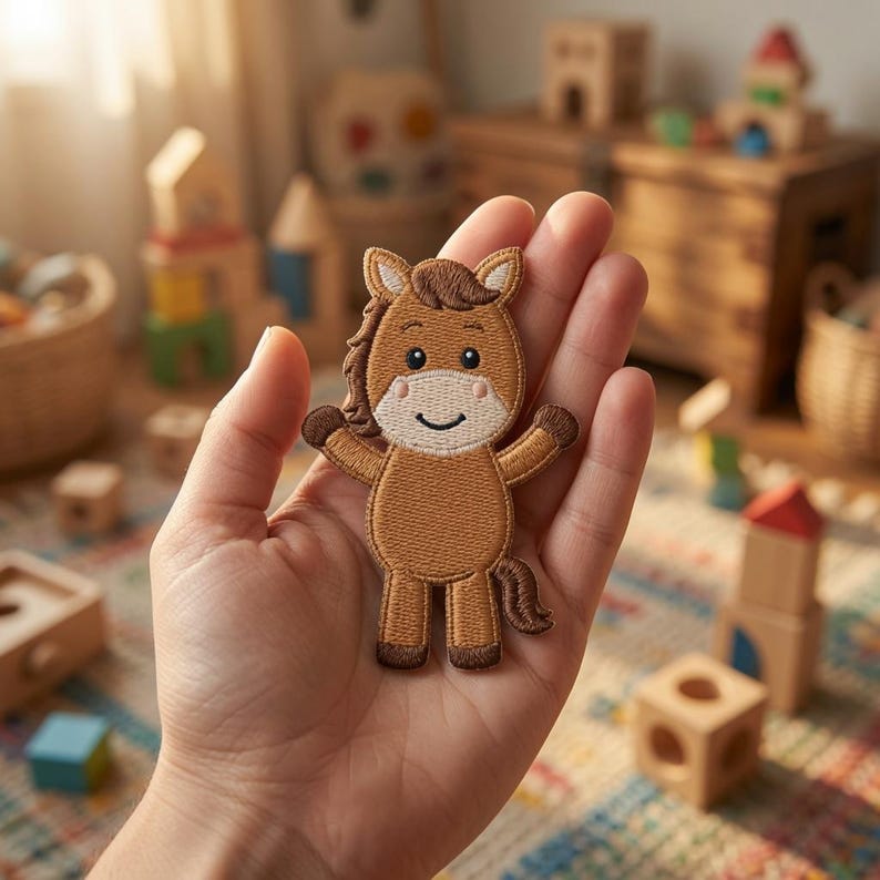 May include: An embroidered iron-on patch shaped like a cartoon horse. The horse is light brown with a darker brown mane and tail, a white muzzle, and black embroidered eyes and mouth. The patch features a stitched border and a flat design.