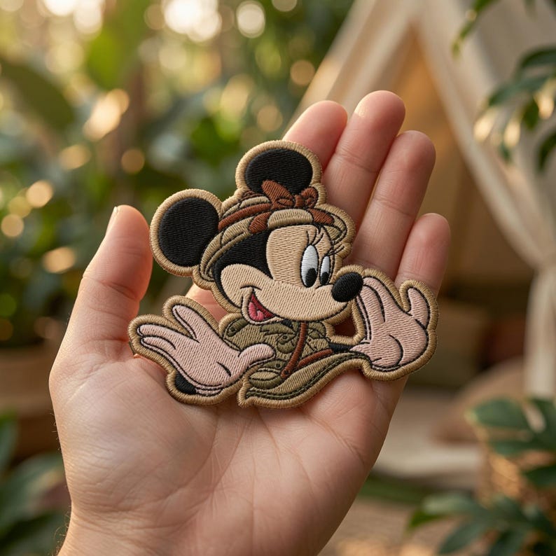 May include: An embroidered patch featuring a cartoon mouse character wearing a tan safari hat and matching vest. The character has black ears, a cream-coloured face, and is depicted with arms outstretched. The patch has a tan border.