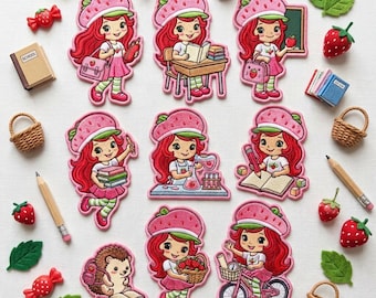 Strawberry Shortcake Back to School Embroidered Patches, Retro Cartoon Iron On Patch, Gift for Kids, DIY Backpack, Sew on Hook & Loop