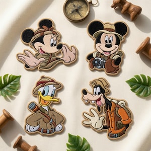 Disney Safari Park Embroidered Patches, Mickey Mouse Explorer Iron On Patch, Kids Adventure Birthday Gift, DIY Bag Sew On Hook & Loop