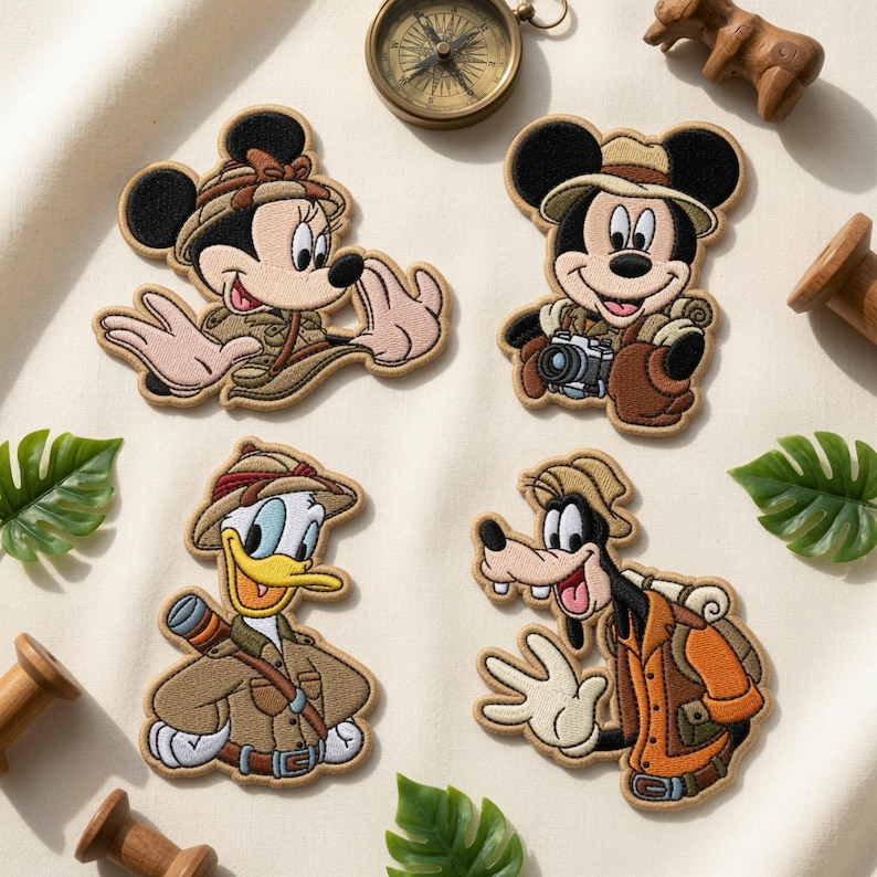 May include: Four embroidered patches featuring cartoon characters dressed in tan safari gear. The patches depict Minnie Mouse, Mickey Mouse with a camera, Donald Duck with a telescope, and Goofy with a backpack, all rendered in detailed thread work.