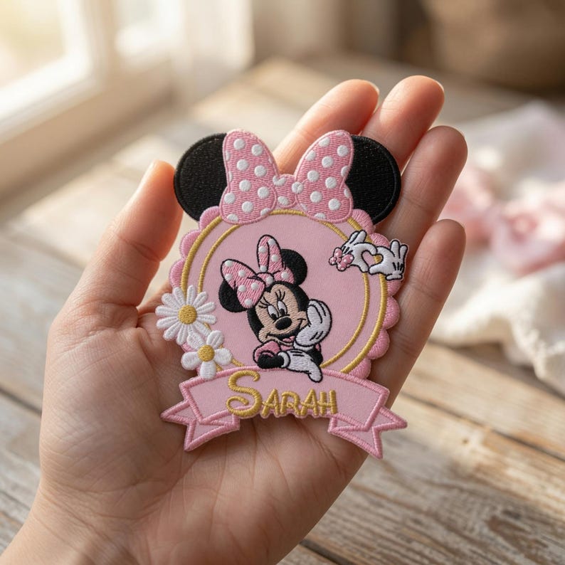 Puede incluir: Un parche bordado que presenta un marco circular rosa con borde festoneado, el personaje de Minnie Mouse, un lazo rosa con lunares, dos margaritas blancas y una cinta rosa en la parte inferior con el nombre Sarah bordado en hilo dorado.