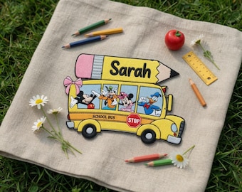 Personalized Mickey and Friends Embroidered Patches, Custom Name Bus Iron On Patch, Disney Gift for Kids, DIY Backpack, Sew on Hook & Loop
