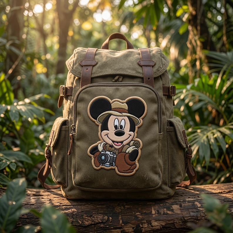 May include: An olive green canvas backpack featuring a large embroidered patch of Mickey Mouse dressed as an explorer with a camera. The bag includes brown leather straps, a top flap with buckle closures, and side pockets with metal hardware accents.