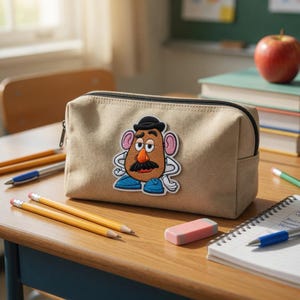 May include: Beige canvas pencil case with a black zipper and a Mr. Potato Head patch. The patch features a brown potato head with a black mustache, hat, and blue shoes. Pencils, a pink eraser, and a notebook are on the wooden desk.