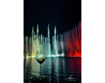 Colorful Fountain Show Poster | Wine Glass Night Wall Art (Digital Download)