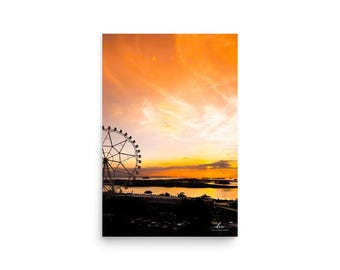 Ferris Wheel Sunset Poster | Orange Sky City Photography | Coastal Travel Print