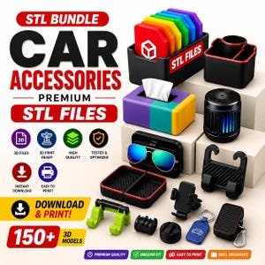 May include: A collection of 3D printable car accessories including a rainbow-colored card holder, a tissue box, a black cup holder, a cylindrical air purifier, a sunglasses case, hooks, a phone mount, and a blue keychain with car icon.