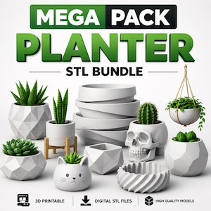 Puede incluir: Una colección de macetas blancas imprimibles en 3D con diversas formas, incluyendo diseños geométricos, una calavera y un gato, con el texto MEGA PACK PLANTER STL BUNDLE, 3D PRINTABLE, DIGITAL STL FILES y HIGH QUALITY MODELS.