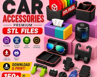 Mega Pack 150+ Car Accessories STL Files | 3D Print Files for Phone Holder | Organizer Cup Holders & Cars Gadgets | 3D Models