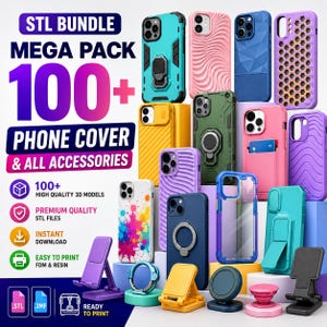 Può includere: Una collezione digitale di oltre 100 modelli di cover per telefono e accessori stampabili in 3D in formato STL. L'immagine mostra varie cover in colori come ottanio, rosa, blu, viola, giallo e verde, insieme a supporti per telefono.