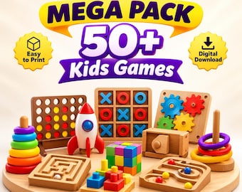 May include: A digital bundle of 50+ kids games in STL format, featuring a collection of wooden toys including a stacking ring tower, a rocket ship, a tic-tac-toe board, a gear puzzle, a maze, a cube puzzle, and a marble run on a wooden base.