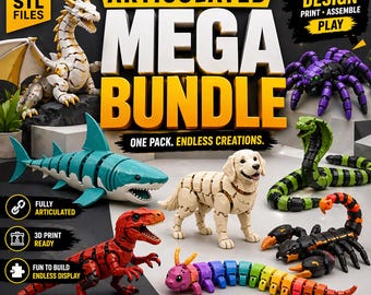 Mega Pack Articulated Animal STL Bundle, Flexi Dragon & Creature 3D Print Files, Print in Place Toys, Fantasy Animal Models