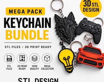 Mega Keychain STL Bundle | 3D Printable Keychain Files | Car Gaming Wolf Keychain STL | 3D Print STL Pack