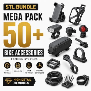 May include: An STL bundle mega pack of 50+ bike accessories featuring premium 3D models. The collection includes black plastic components such as a phone mount, water bottle cage, lights, a storage bag, pedals, a combination lock, and tools.