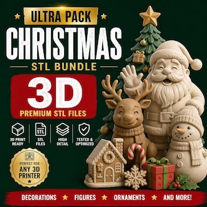 Op de afbeelding: Een advertentie voor een kerst-STL-bundel. De afbeelding toont een kerstman, een rendier, een sneeuwpop, een peperkoekhuisje en andere feestelijke decoraties. Tekst bevat "ULTRA PACK CHRISTMAS STL BUNDLE 3D PREMIUM STL FILES".