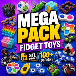Może przedstawiać: Kolekcja kolorowych zabawek typu fidget, w tym kostki, spinnerki i zabawki typu pop-it, ułożonych na żywym tle. Obraz zawiera tekst "MEGA PACK FIDGET TOYS" i "100+ DESIGNS".