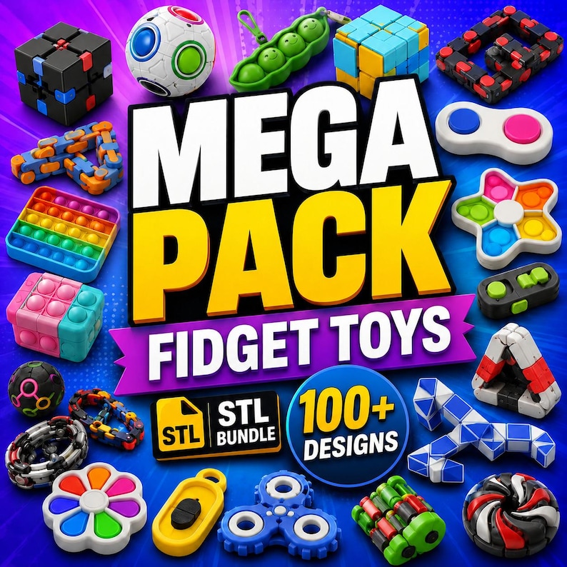 May include: A collection of colorful fidget toys, including cubes, spinners, and pop-it toys, arranged on a vibrant background. The image features the text "MEGA PACK FIDGET TOYS" and "100+ DESIGNS".