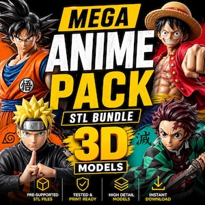 Może przedstawiać: Obraz promocyjny dla pakietu STL modeli 3D z motywem anime. Tekst "MEGA ANIME PACK" i "3D MODELS" są widoczne. Obraz zawiera postacie z popularnych serii anime, z ikonami wskazującymi na pliki wstępnie obsługiwane, gotowe do druku, wysokiej jakości i natychmiastowego pobrania.