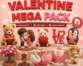 Mega Pack Valentine STL Bundle, Valentinstag Dekor 3D Druckdateien, Herz & Liebe STL Sammlung, druckbare Valentinstag Modelle