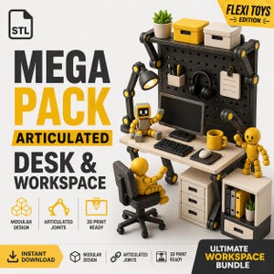 May include: A 3D-printed articulated desk and workspace bundle. The image features a desk with a computer, lamp, and articulated figures. The text reads "MEGA PACK ARTICULATED DESK & WORKSPACE" and "ULTIMATE WORKSPACE BUNDLE."