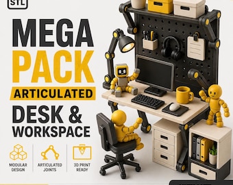 Mega Pack Gelenk Schreibtisch & Workspace STL Bundle, Modulare Büro Einrichtung 3D Druckdateien, Workspace Organizer STL Download