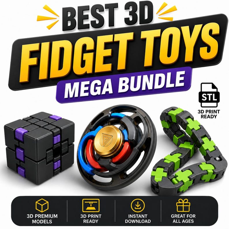 May include: A collection of 3D fidget toys, including a black cube with purple accents, a black and gold spinner with red and blue details, and a green and black articulated chain. The image includes text that says "BEST 3D FIDGET TOYS MEGA BUNDLE".