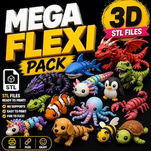 Puede incluir: Una colección de juguetes flexi impresos en 3D, coloridos, que incluyen un tiburón, un dragón, un ajolote y un pingüino. La imagen muestra el texto "MEGA FLEXI PACK" y "3D STL FILES". Los juguetes están diseñados para ser fáciles de imprimir y no requieren soportes.