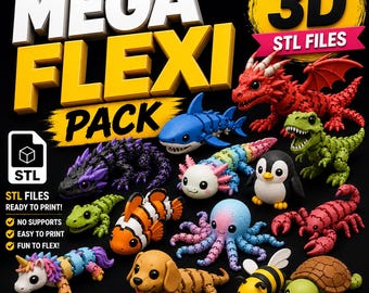 Mega Flexi Animal STL Bundle | Articulated 3D Print Files | Dragon Axolotl Shark Dinosaur Octopus Turtle | No Supports | Instant Download