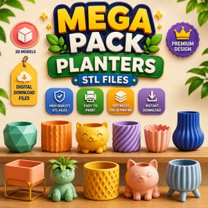 May include: A selection of brightly coloured 3D-printed plant pots in diverse shapes and designs. The image features text that says "MEGA PACK PLANTERS STL FILES" and "DIGITAL DOWNLOAD FILES". The pots include geometric, textured, and animal-themed designs.