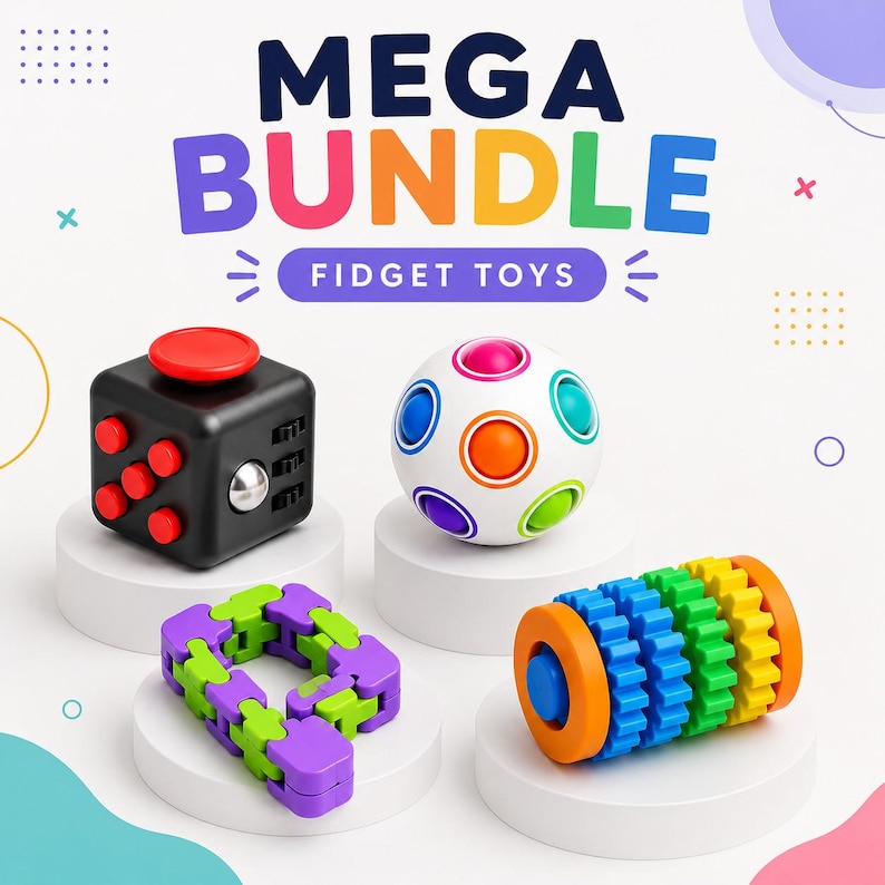May include: A collection of fidget toys, including a black cube with red buttons, a white ball with colorful circles, a purple and green chain, and a blue, green, yellow, and orange roller. The text "MEGA BUNDLE" and "FIDGET TOYS" are displayed.