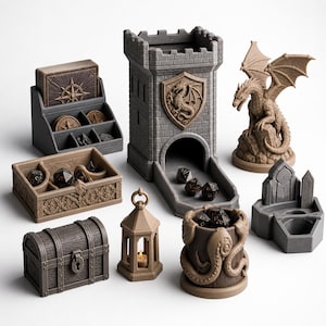 May include: A selection of tabletop gaming accessories, including a dice tower, dragon statue, treasure chest, and dice trays. The items are in shades of grey and brown, with intricate details and a fantasy theme.