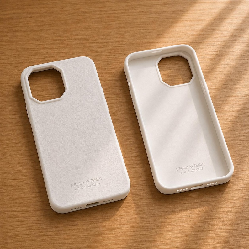 May include: Two white smartphone cases with a matte finish, each featuring a large square camera cutout. The text A BOLD ATTEMPT IS HALF SUCCESS is printed in small, clean lettering near the bottom of each case, which also includes speaker and charging port openings.