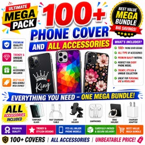 May include: A mega bundle featuring 100+ phone covers and accessories. Includes three phone cases: one black with a white crown and King text, one with a colorful geometric pattern, and one with pink flowers. Accessories include glass, cables, and holders.