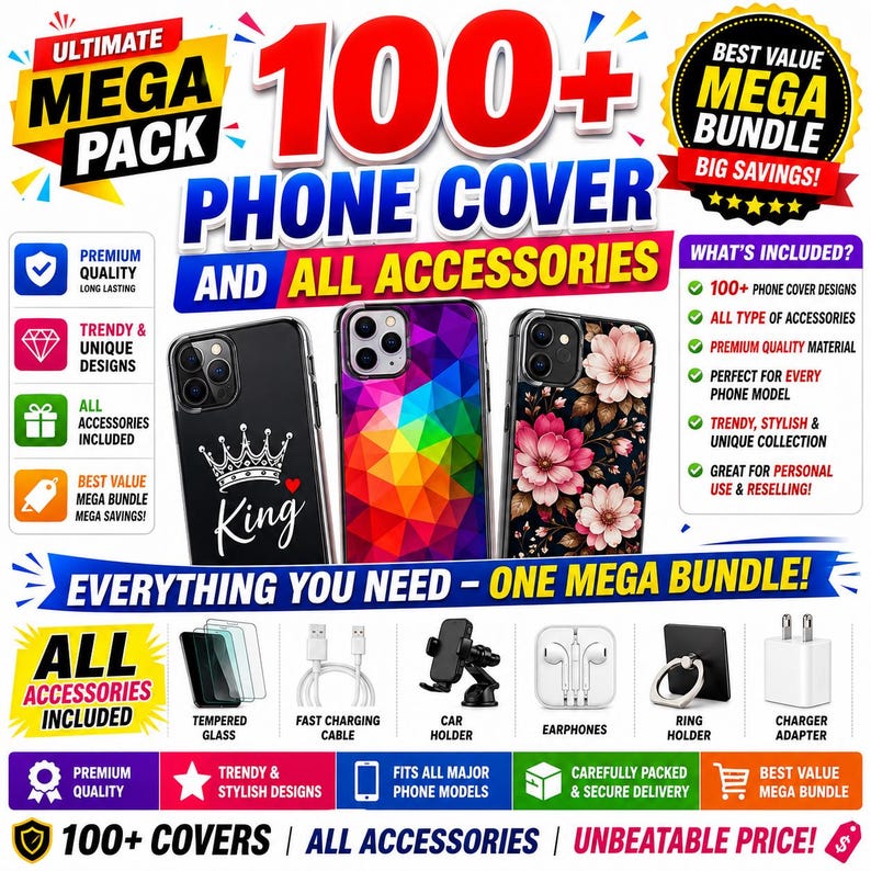 May include: A mega bundle featuring 100+ phone covers and accessories. Includes three phone cases: one black with a white crown and King text, one with a colorful geometric pattern, and one with pink flowers. Accessories include glass, cables, and holders.