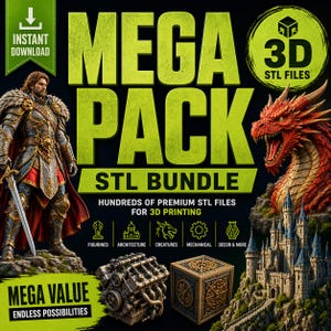 Könnte beinhalten: Werbebild für ein 3D-STL-Dateipaket. Das Bild zeigt einen Ritter, einen Drachen und ein Schloss. Der Text enthält "MEGA PACK STL BUNDLE" und "Hundreds of Premium STL Files for 3D Printing".
