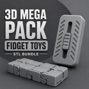 May include: A gray 3D Mega Pack of Fidget Toys STL Bundle is displayed. The image shows a gray articulated fidget toy, a gray slider fidget toy, and the text "3D MEGA PACK FIDGET TOYS STL BUNDLE".