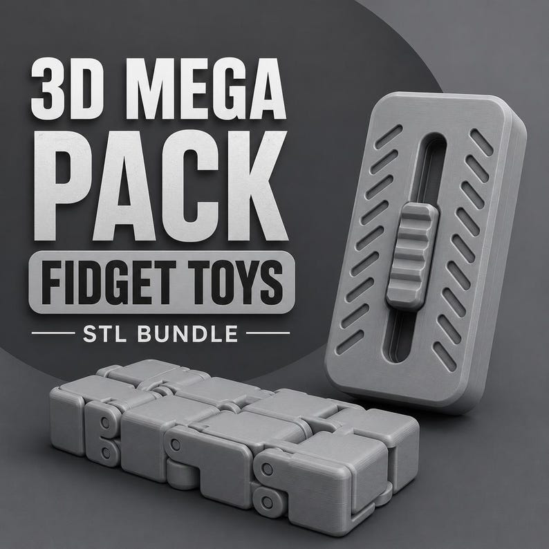 May include: A gray 3D Mega Pack of Fidget Toys STL Bundle is displayed. The image shows a gray articulated fidget toy, a gray slider fidget toy, and the text "3D MEGA PACK FIDGET TOYS STL BUNDLE".