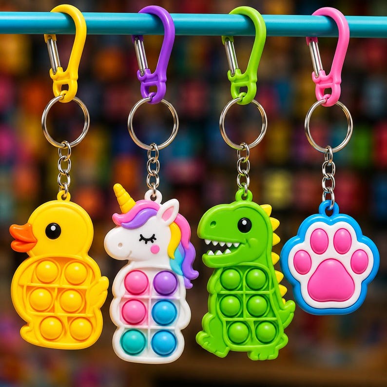 May include: Four colorful keychains with a push-pop bubble design. The keychains feature a yellow duck, a white unicorn with a rainbow mane, a green dinosaur, and a blue paw print. Each keychain has a different colored clip.