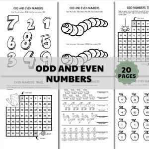 May include: A collection of educational worksheets titled ODD AND EVEN NUMBERS, featuring 20 pages of black and white activities. The pages include number tracing, a caterpillar number sequence, number grids with a spider or cat, and counting tasks.